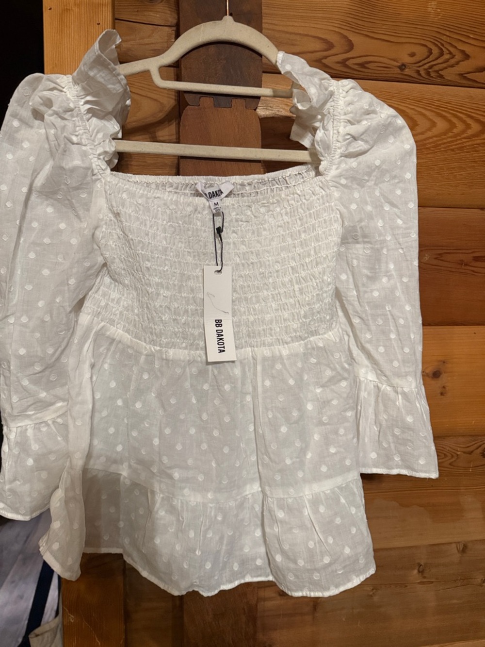 BB Dakota White Swiss Dot Smocked Peasant Blouse